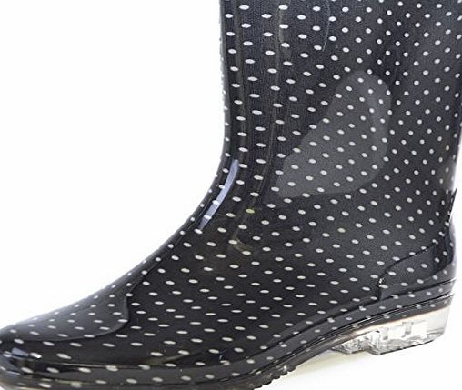  Ladies Short Black Spot / Polka Dot Print Wellington Boots [Size 5, Black With White Spots / Polka Dots] - [INTERNAL REF: FT918]